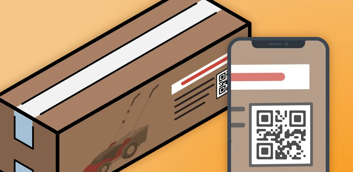 Lawnmower box showing a QR code on the package and a mobile device scanning the QR code.